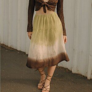 Y2K Forest Fairy Grunge Whimsy Skirt Womens 10 Yellow Brown Silk Beaded A-Line